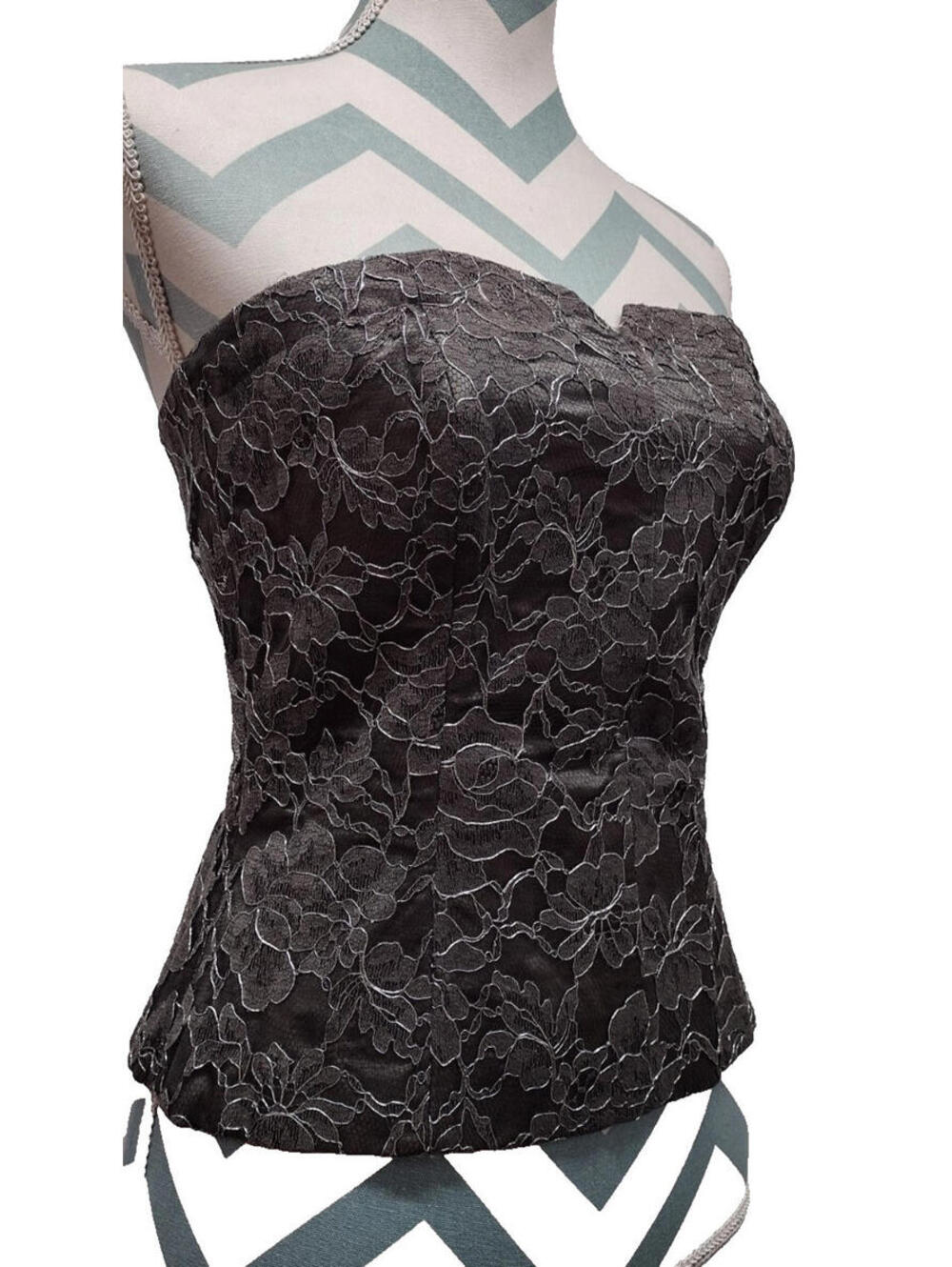 BILL BLASS Bustier Lace Corset Silver Gray Strapless Evening 90s Couture 9/10 M